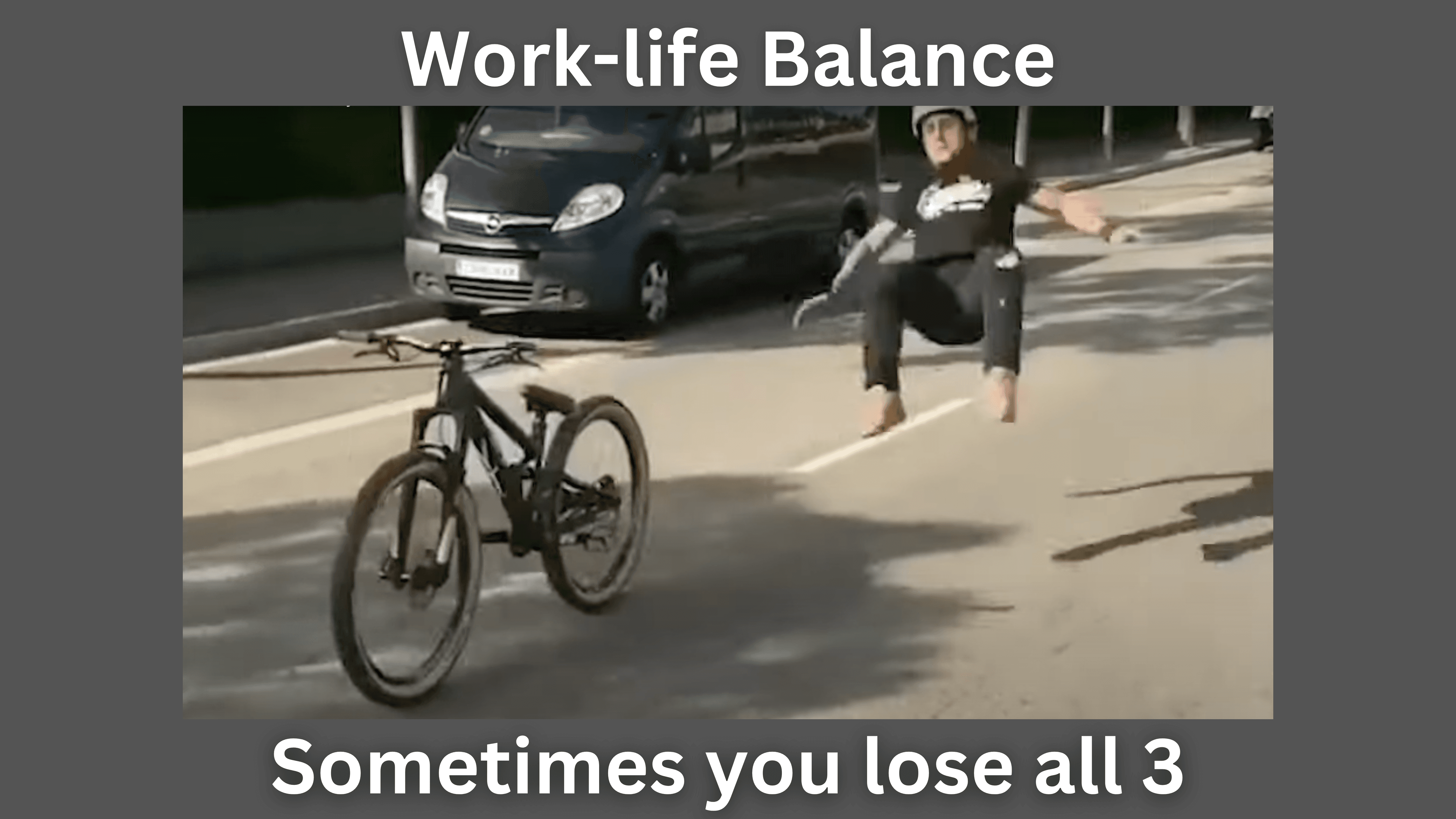 Work-life balance fail meme. Man falling off a bike. Funny.